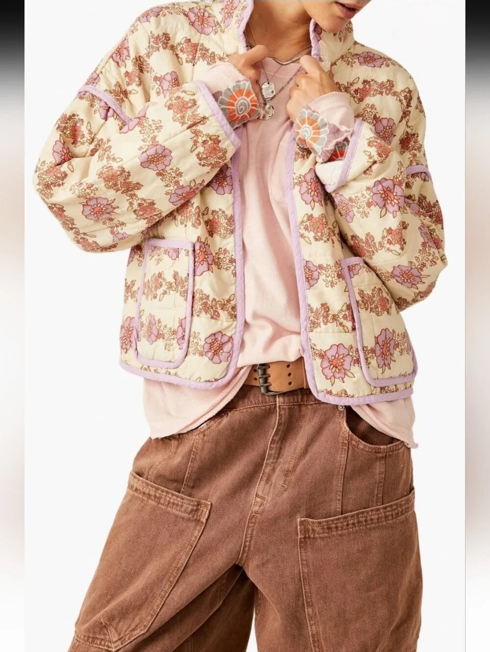 FREE PEOPLE Chloe Boho Quilted Floral Jacket Lilac Cream Large NWT